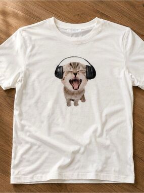 Gildan White Tee with Black-Headphone Yawning Kitten